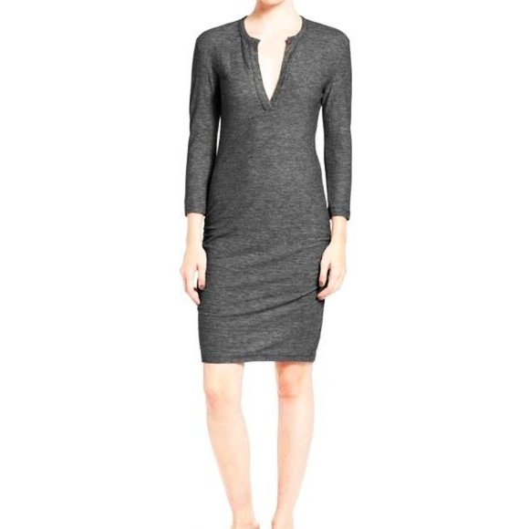 James Perse Henley Dress Deep Charcoal Melange Heathered V-Neck Ruched Mini 0 XS - Picture 2 of 8